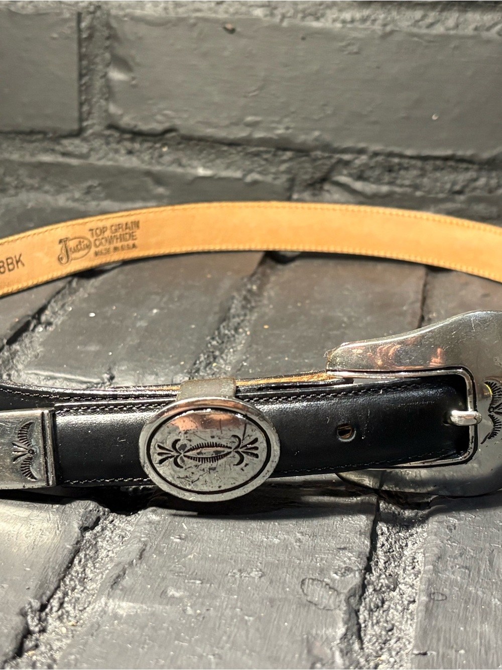 Vintage 1998 Justin Boots Black Leather Western Belt with Silver Concho Accents